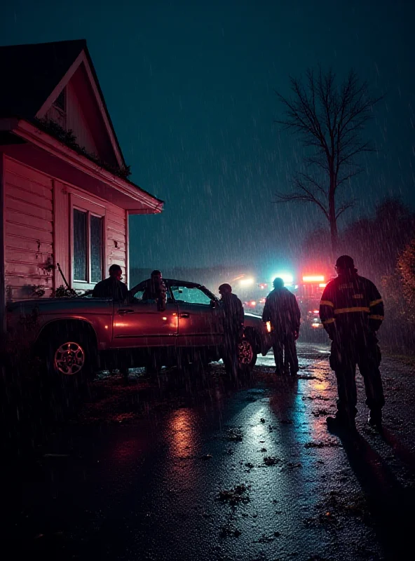 A car crash scene at night, with emergency responders surrounding a vehicle that has crashed into the side of a house. Rain is falling, and flashing lights illuminate the scene.