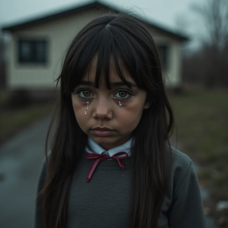 A somber portrait of a young Latina girl with tears in her eyes, standing in front of a school building. The background is slightly blurred, and the overall tone is one of sadness and despair.