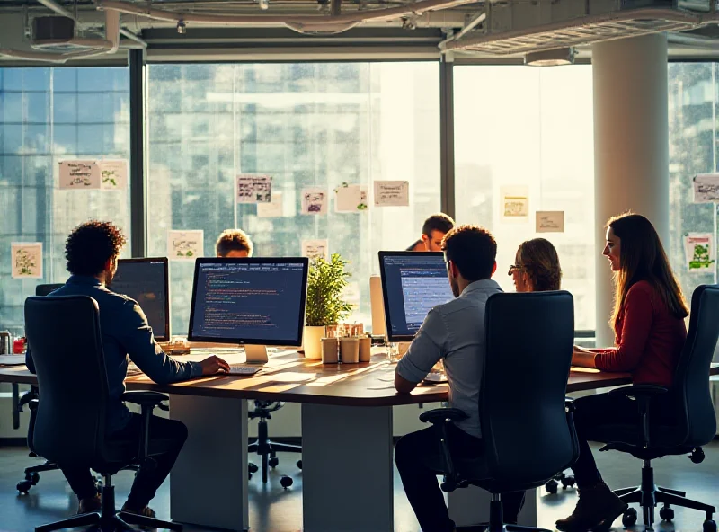 A modern office space with computer screens and people collaborating, representing the digital services team 18F.