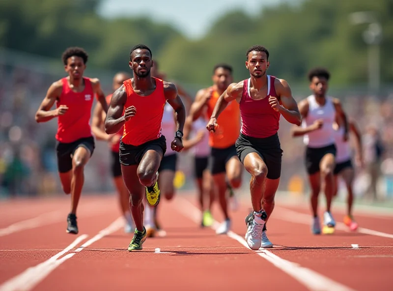 A diverse group of athletes competing in a track and field event, emphasizing fair competition and inclusion.