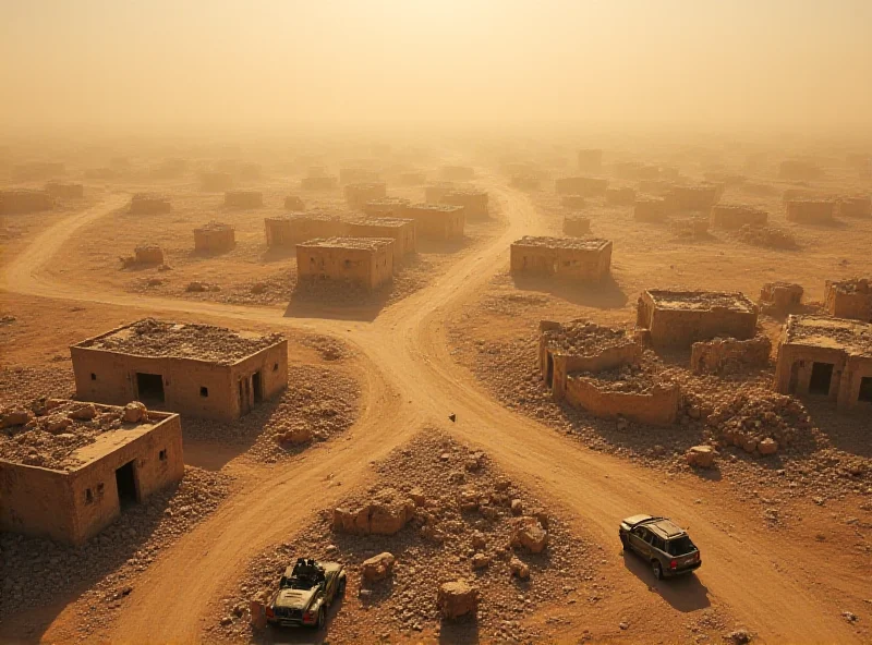 A dramatic aerial view of a desert landscape in Syria, potentially showing the aftermath of an airstrike, with military vehicles in the distance.