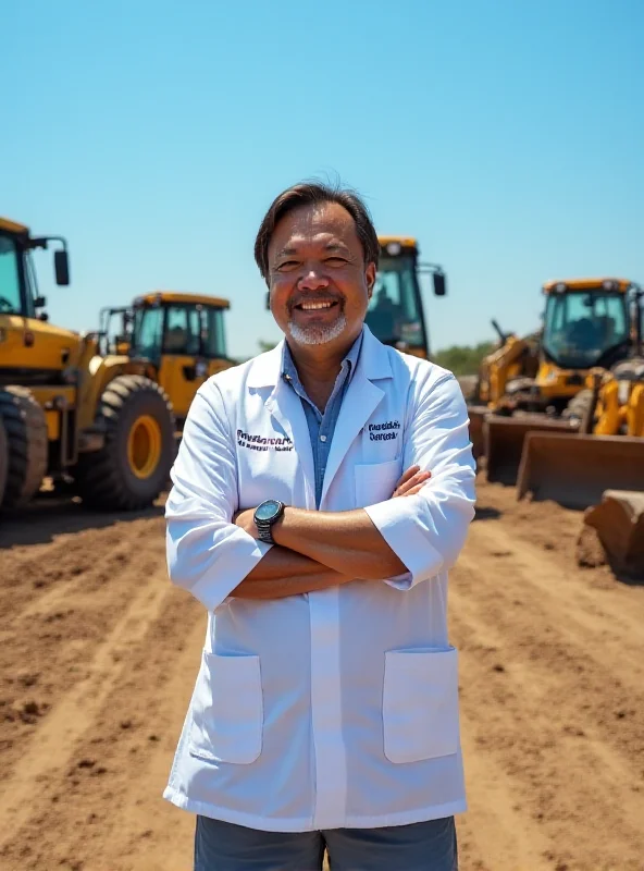 An emergency physician smiling in front of various vehicles like tractors, buses, excavators, and heavy trucks.