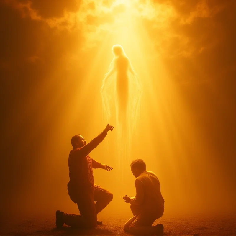 A radiant figure descending from the heavens, bathed in golden light, offering a hand to a kneeling person.