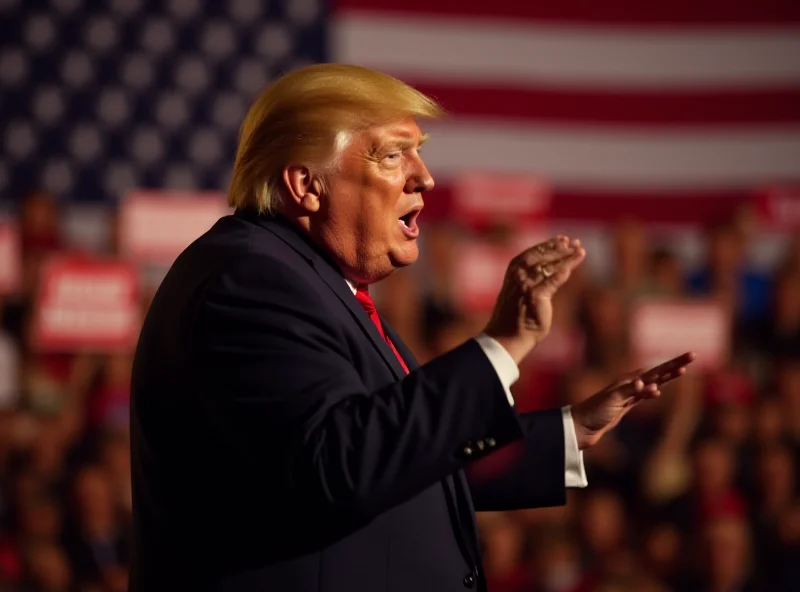 Donald Trump speaking at a rally with the American flag in the background.