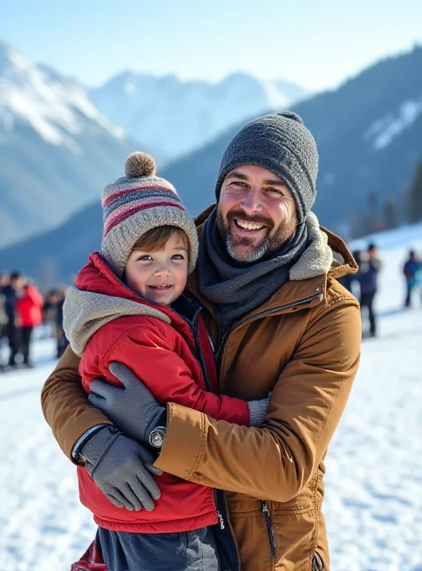 A joyful reunion between a father and his young child in a snowy ski resort setting, symbolizing the happy ending to the search on the Asiago plateau.