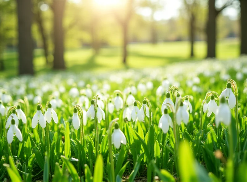 A vibrant field of snowdrops blooming in a German park, symbolizing the arrival of spring and the anticipation of Carnival celebrations.