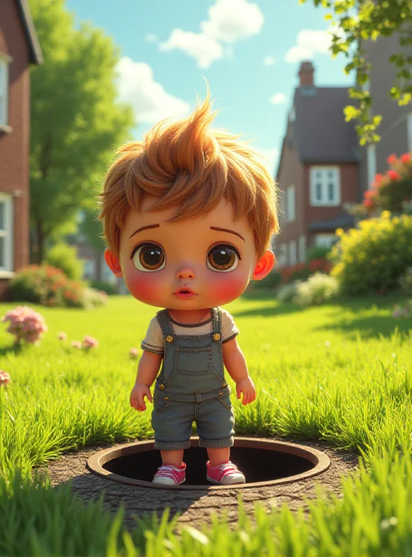 A toddler standing near a manhole cover in a garden, with a concerned expression.