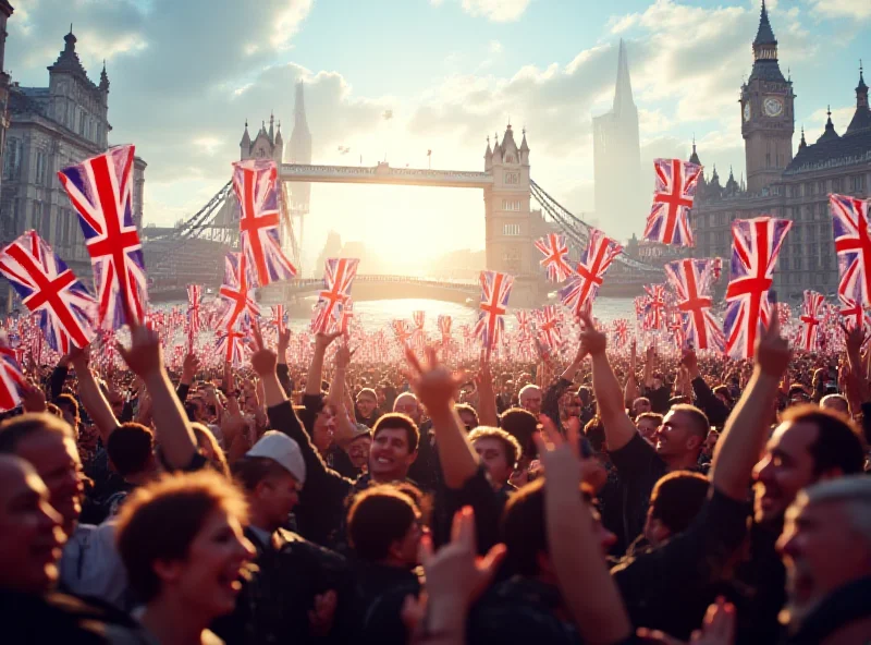 A jubilant crowd celebrating VE Day with flags and banners.