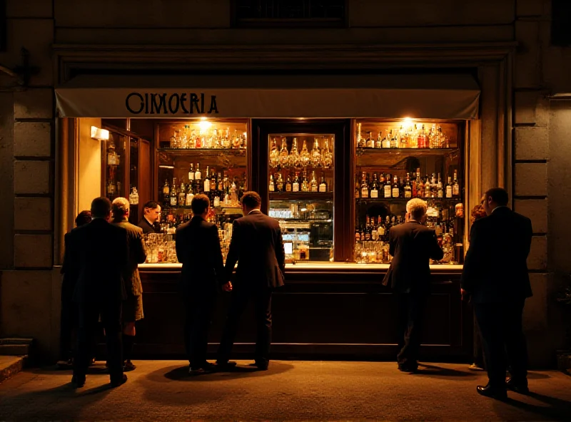 Exterior of a fashionable bar in Milan at night.