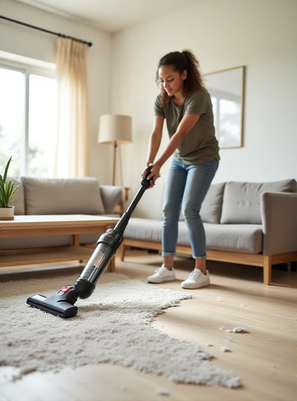 Person vacuuming a living room with a modern vacuum cleaner.