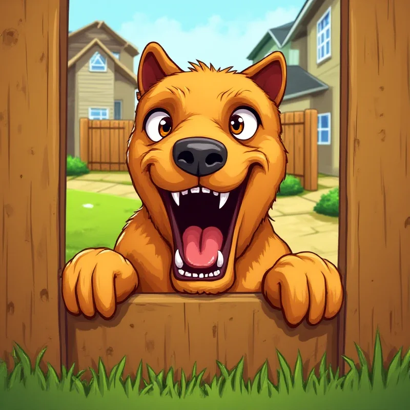 Cartoon illustration of a dog barking aggressively through a fence.