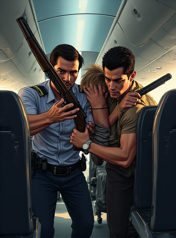 Illustration of a pilot and passenger wrestling with a teenager who is holding a shotgun and knives inside an airplane cabin.