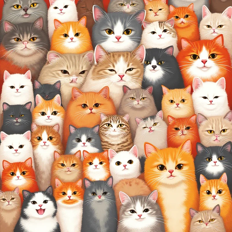 A grid of cute cats with one cleverly hidden fish among them, designed as a visual IQ test.