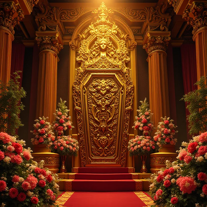 Illustration of an ornate golden coffin with floral arrangements.