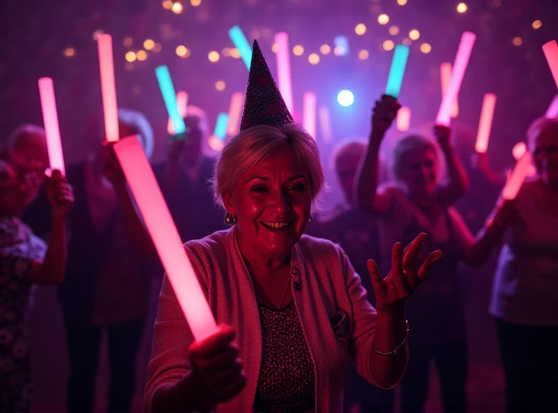 A jubilant 105 year old woman celebrating her birthday at a rave with glowsticks.