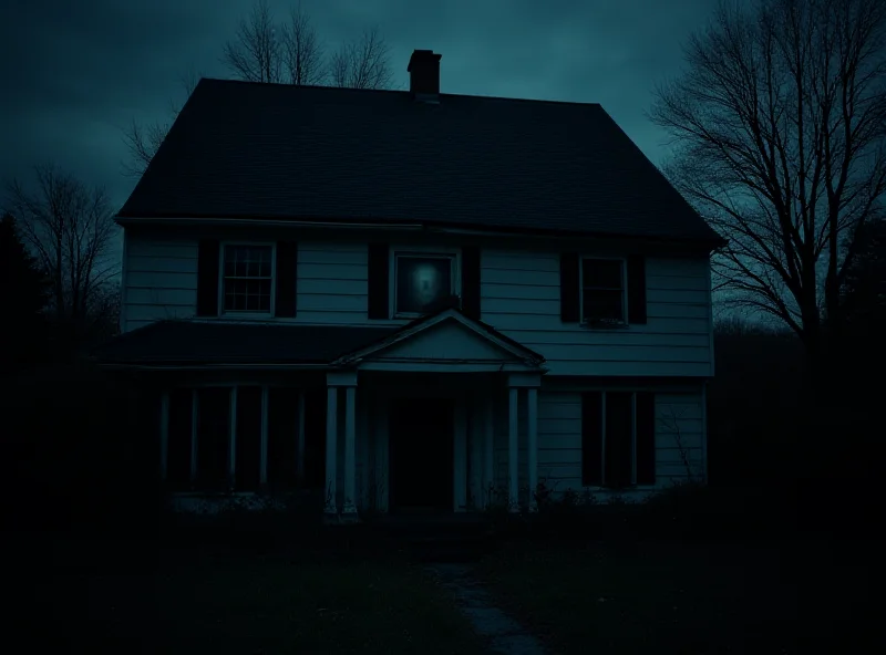 A dark and eerie haunted house at night with a shadowy figure in the window.