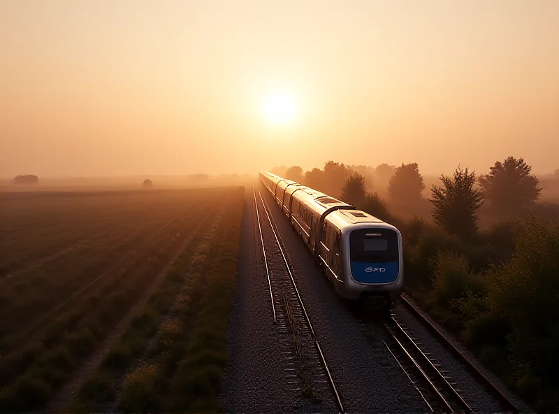 A train traveling along a railway track through a rural landscape at dusk.