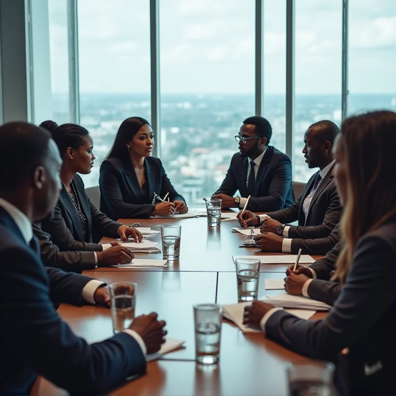 A diverse group of Black leaders discussing politics in a conference room.