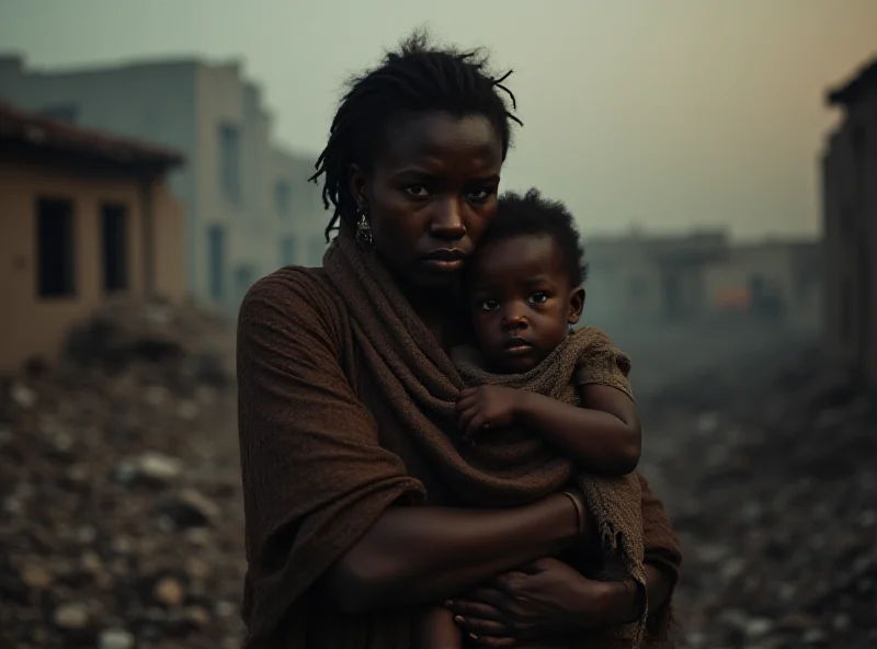 A distressed mother holding her child in a war-torn environment.  Focus is on the despair and vulnerability of the subjects.