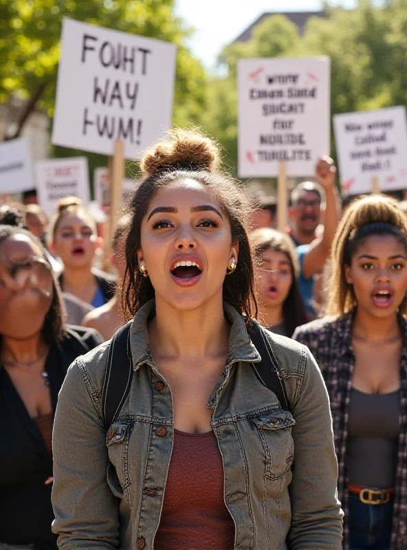 A group of students protesting a campus decision. They are holding signs and chanting slogans. The atmosphere is charged with emotion and determination.