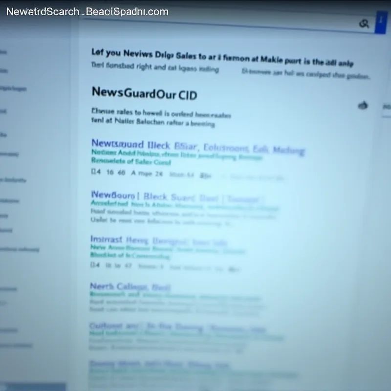 A close-up of a computer screen displaying the Microsoft Search Coach tool, with a prominent NewsGuard rating visible. The screen is slightly blurred to focus attention on the relevant elements.