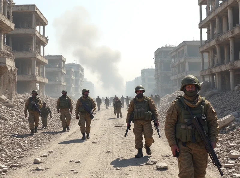 Syrian soldiers in a war-torn city, with smoke rising in the background