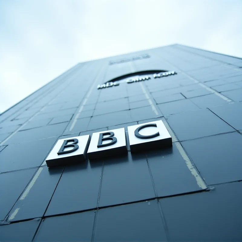 The BBC logo on the side of a building, with a cloudy sky in the background