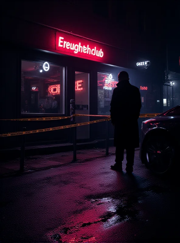 Image of a somber scene near a nightclub at night.