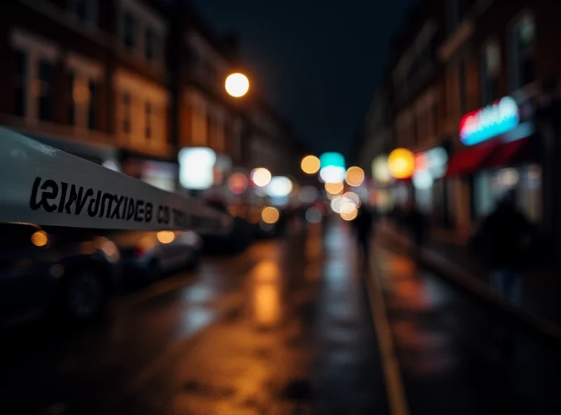 A dimly lit street scene at night, evoking the atmosphere of the Notting Hill Carnival, with blurred lights and shadows. A police cordon tape is partially visible in the foreground.