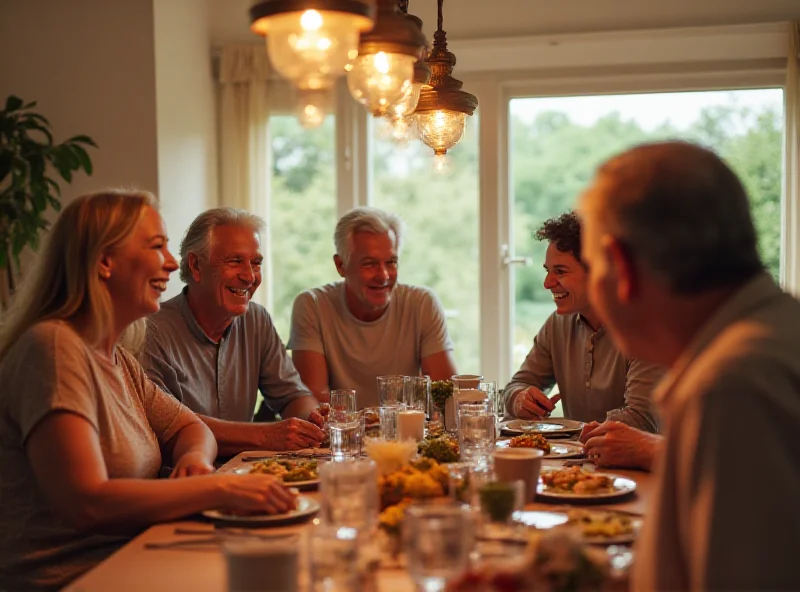 Image of a diverse family sitting around a table, smiling and talking