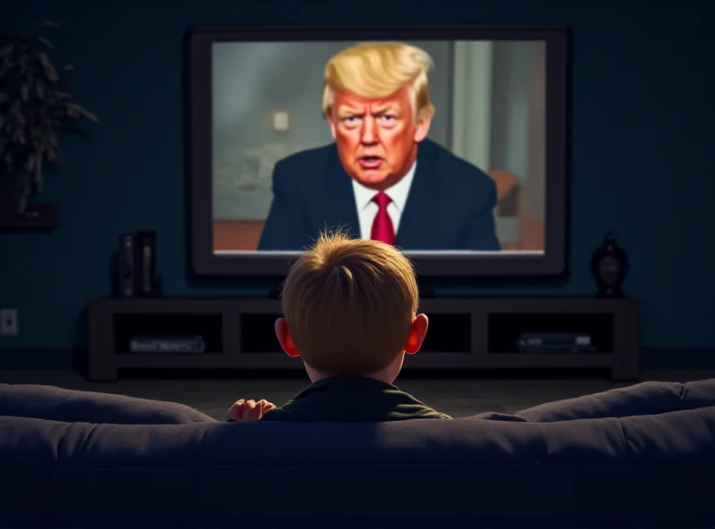 Illustration of a child looking worried while watching news on television featuring Donald Trump.