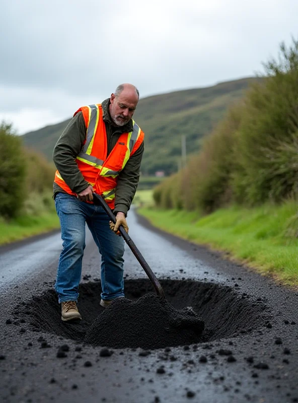 A man filling a pothole with asphalt, wearing a safety vest and using a shovel. The scene is on a rural road in North Devon.