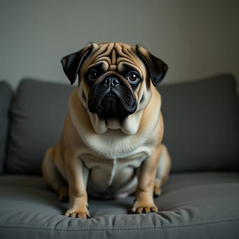 A sad-looking pug dog sitting alone on a couch. The dog appears neglected and forlorn. The background is blurred.