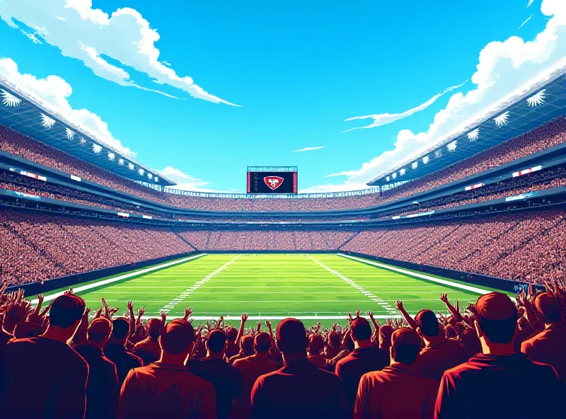 Illustration of a football stadium filled with cheering fans, luxury boxes visible, and a scoreboard displaying team logos.