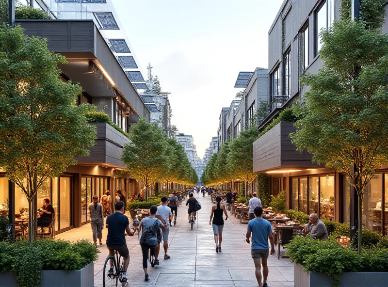 A vibrant, revitalized urban space with people walking, cycling, and enjoying outdoor cafes. Modern architecture blends with green spaces, creating a welcoming atmosphere.