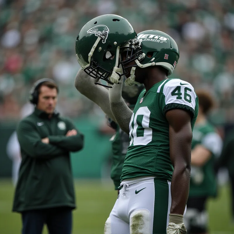 Davante Adams in his Jets uniform looking frustrated after a play.