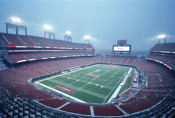 A wide shot of Arrowhead Stadium on a cold, winter day, with snow lightly falling.