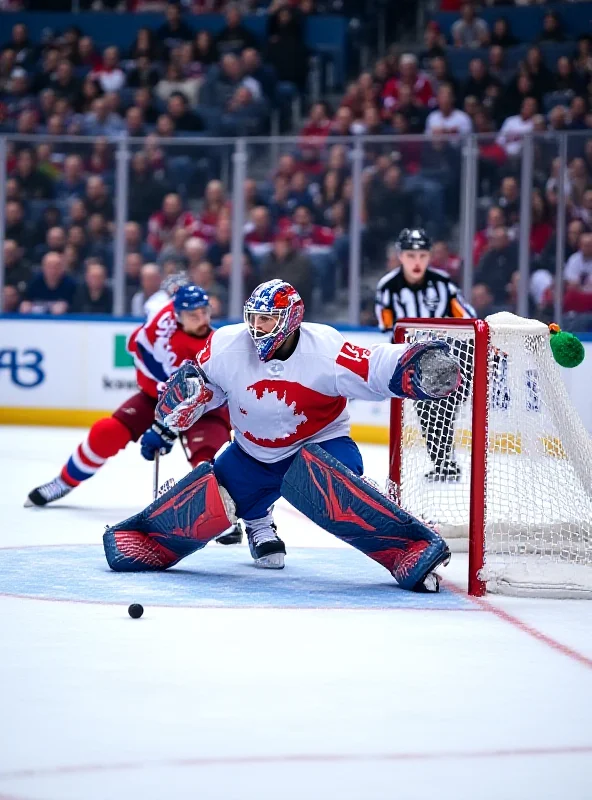 A Czech NHL goalie making a save during a game, with the Czech flag subtly incorporated into the background.