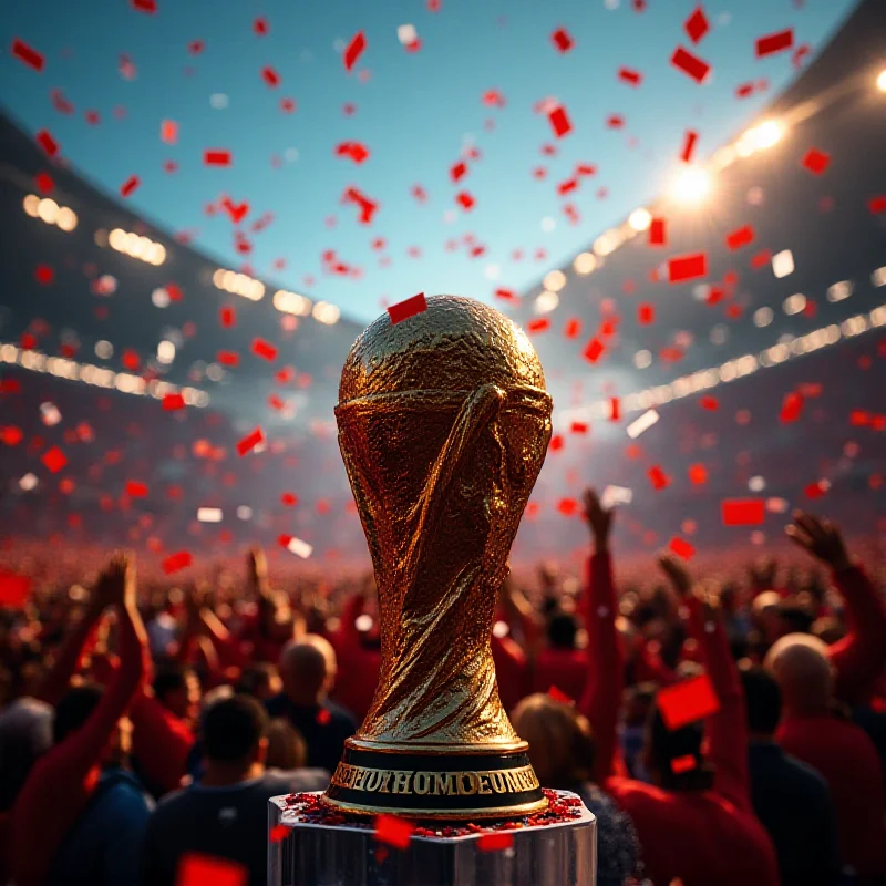 A wide shot of a FIFA Club World Cup trophy, with cheering fans and team celebrations blurred in the background.