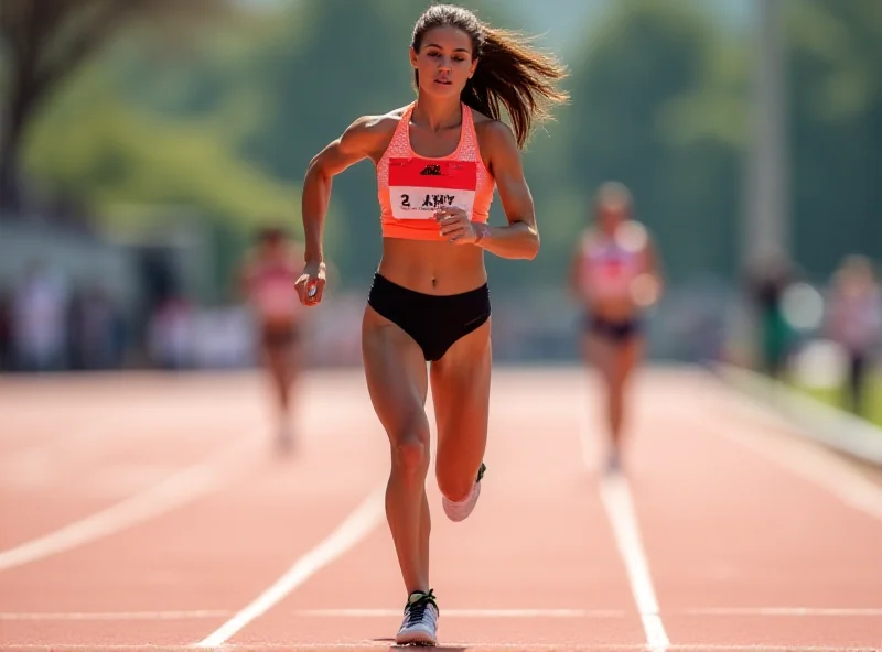 Paula Sevilla running a 400m race, looking determined and focused on the finish line.