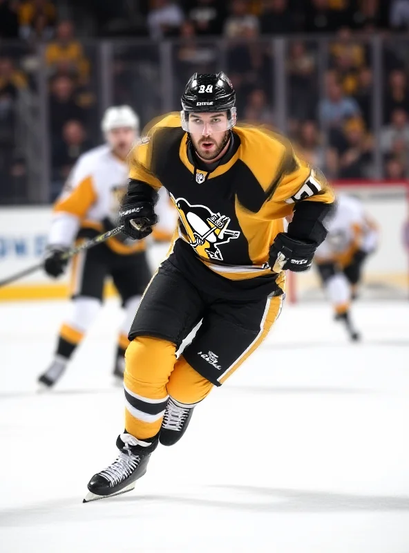 Image of Sidney Crosby on the ice with Pittsburgh Penguins logo in the background.