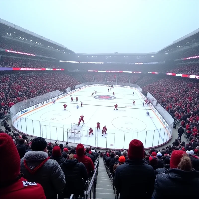 Wide angle view of an outdoor NHL Stadium Series game with snow falling and fans cheering in the stands.