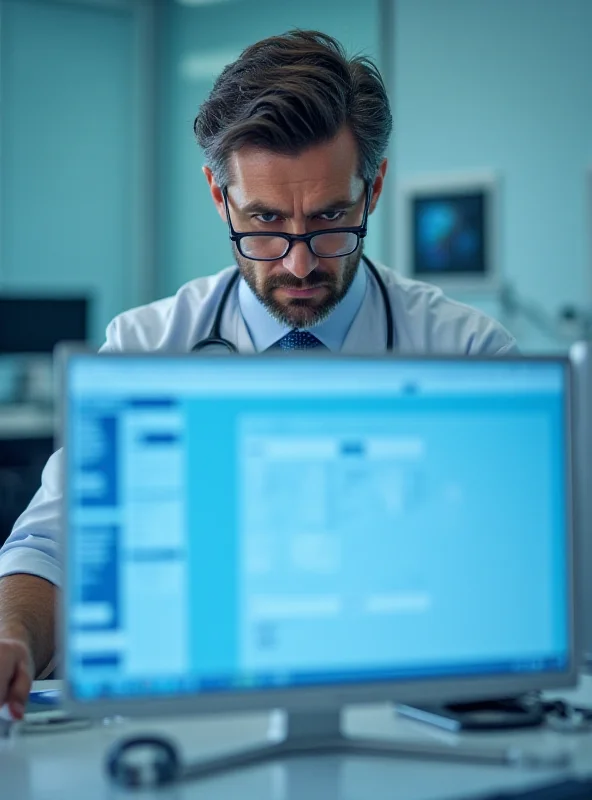 A doctor looking concerned at a computer screen displaying medical records.