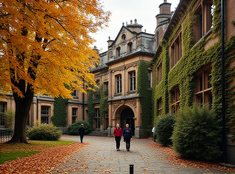 An Oxford University campus scene in autumn, focusing on a historic building.