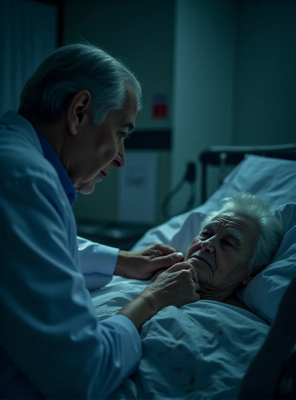 A doctor comforting an elderly patient in a hospital bed, representing end-of-life care.