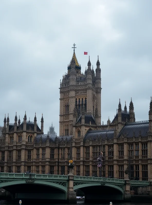 Image of the Houses of Parliament in London, UK, with a focus on the clock tower (Big Ben). Cloudy sky in the background.