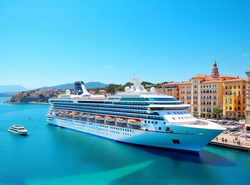 A large cruise ship docked at a port in Nice, with the cityscape in the background.