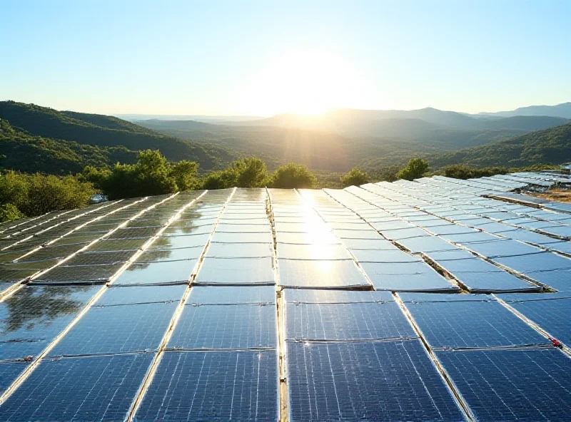 A field of solar panels in a rural setting, with hills and trees in the background.