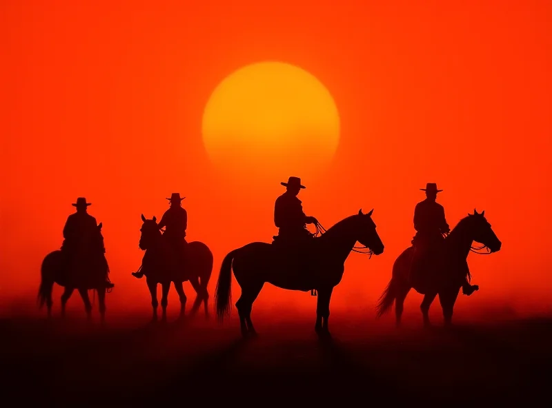 Silhouette of armed bandits on the horizon in a desert landscape.