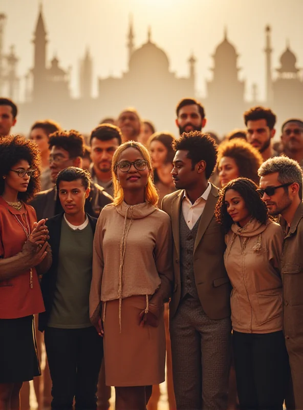 A diverse group of people standing together, symbolizing national harmony and unity, with a subtle backdrop of government buildings.